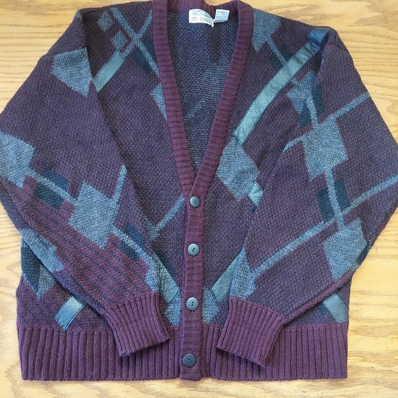 City Streets Other - City Streets Mens Cardigan  Sweater Sz L Boxy Leather Knit Grunge 80's Vintage